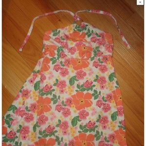 Girl Hawaiian Floral  Sun Dress Size 5 Halter Style Orange Pink Flowers Summer